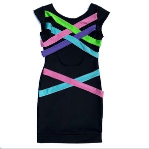 Dresses - Black Mini Dress Neon Crisscross Back Dresses - Black Mini Dress Neon Crisscross Back